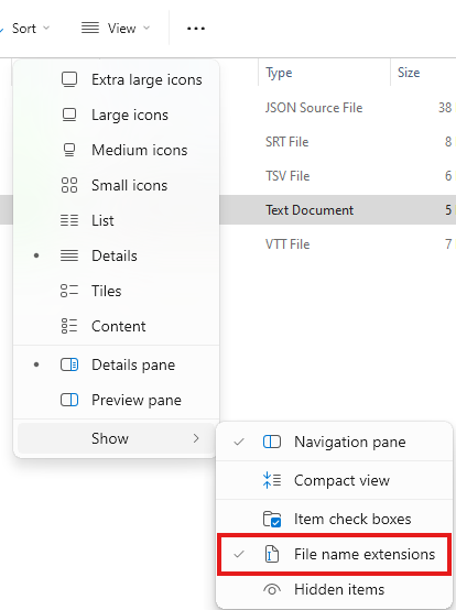 Screenshot showing the View tab with the File name extensions option highlighted.